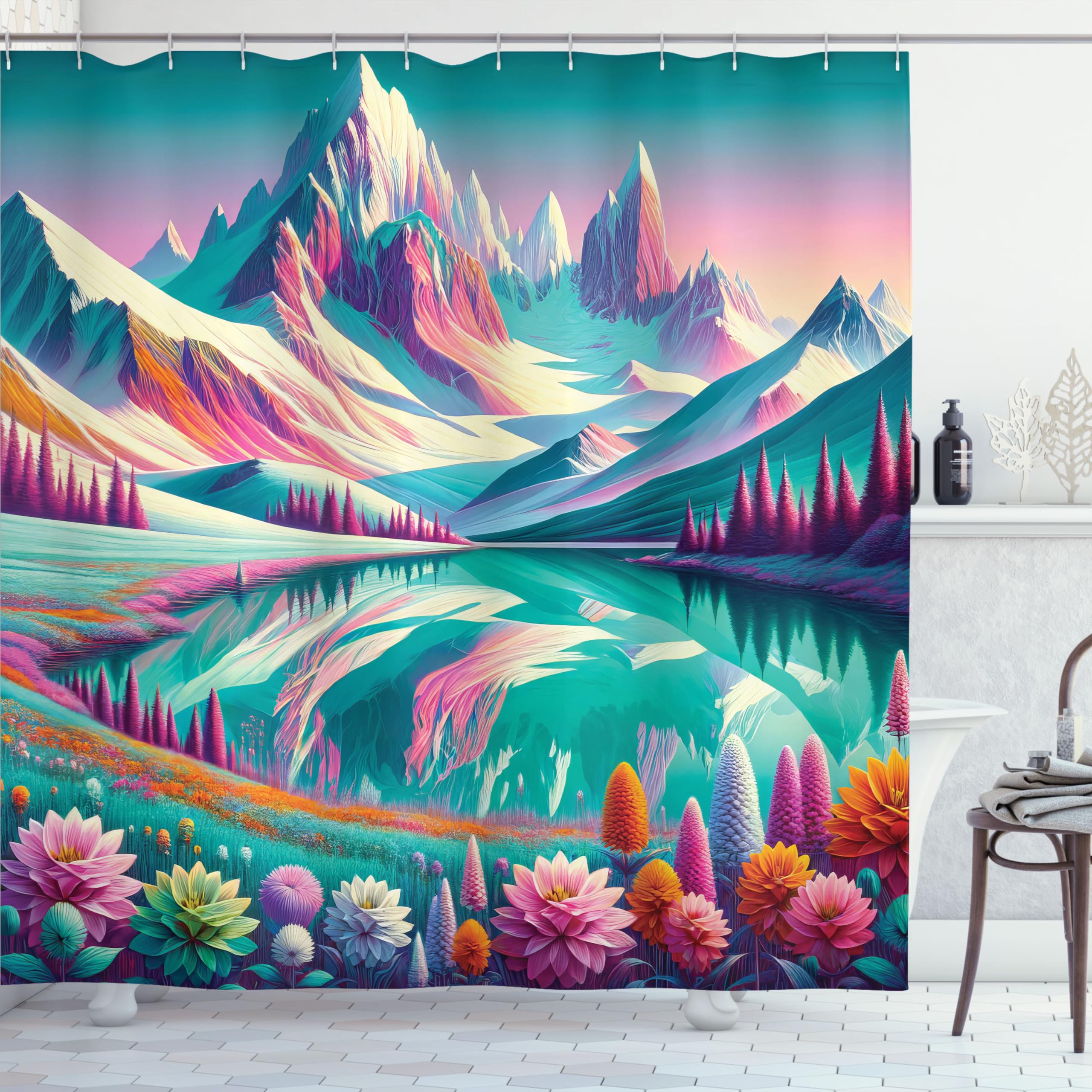 Ambesonne Lake Shower Curtain, Dreamland Illustration Of Fantasy Tones Flowery Meadow And Mountain Scene, Cloth Fabric Bathroom